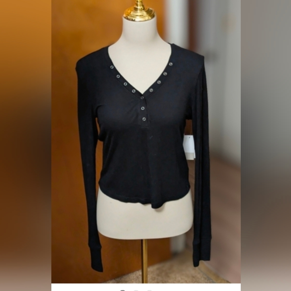 BP Black Long Sleeve Eyelet V-Neck Top